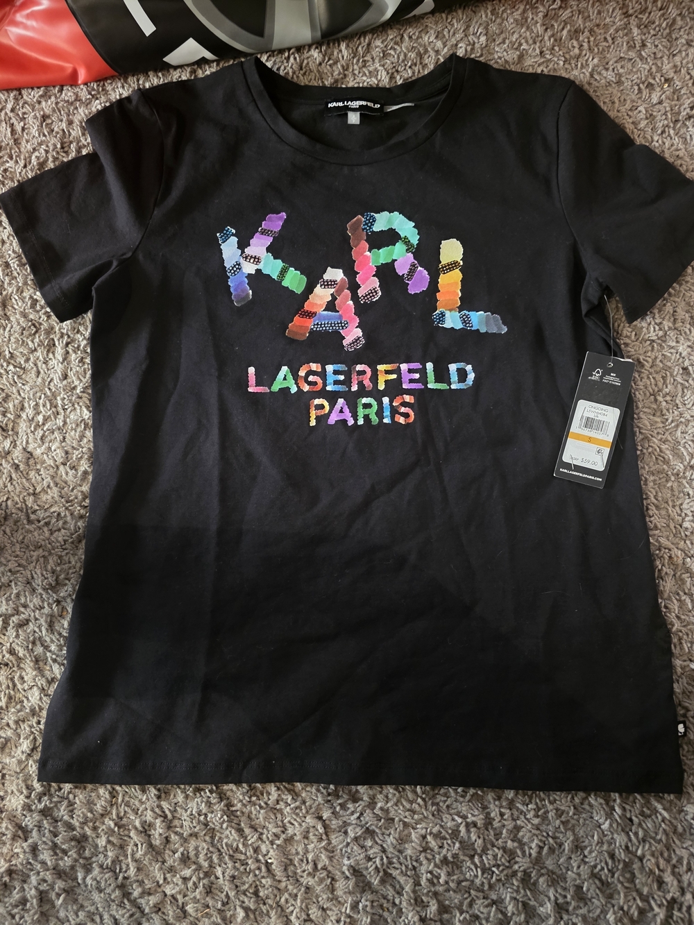 Karl Lagerfeld Kids Black Tee with Multicolor Sequin Logo